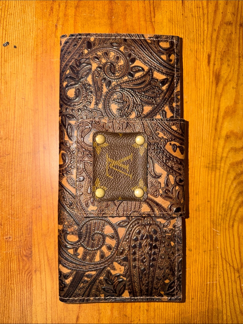 Handmade Tooled Leather Clutch Wallet w/ Repurposed LV Canvas Accent
